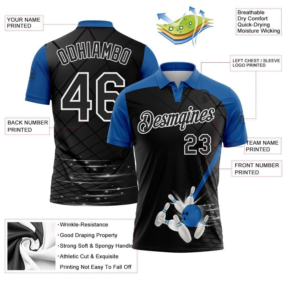 Custom Black Thunder Blue-White Bowling Geometric Grid Performance Polo Shirt photo 3