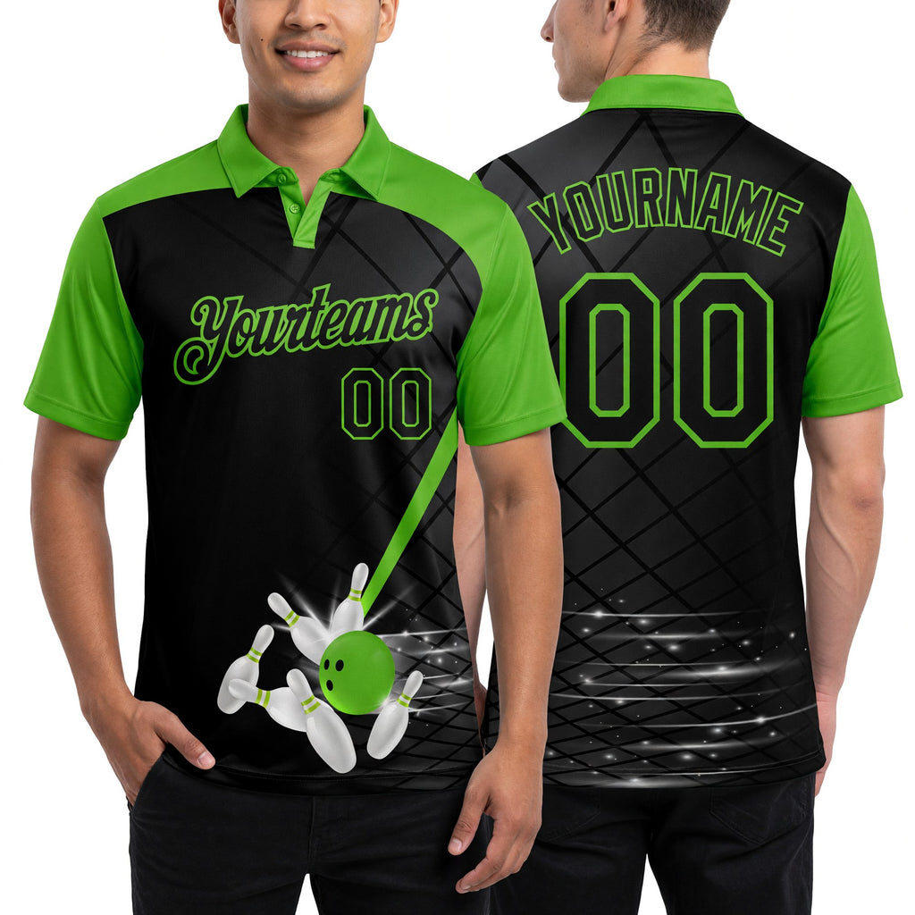 Custom Black-Aurora Green Bowling Geometric Grid Performance Polo Shirt worn front and back