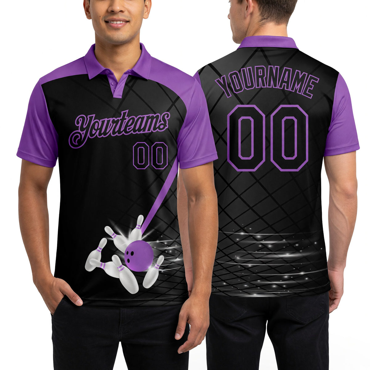 Custom Black-Medium Purple Bowling Geometric Grid Performance Polo Shirt worn front and back
