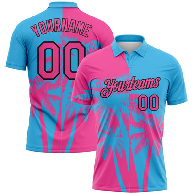 Custom Sky Blue Hawaii Tropical Coastal Palm Trees Performance Polo with Pink and Black Lettering