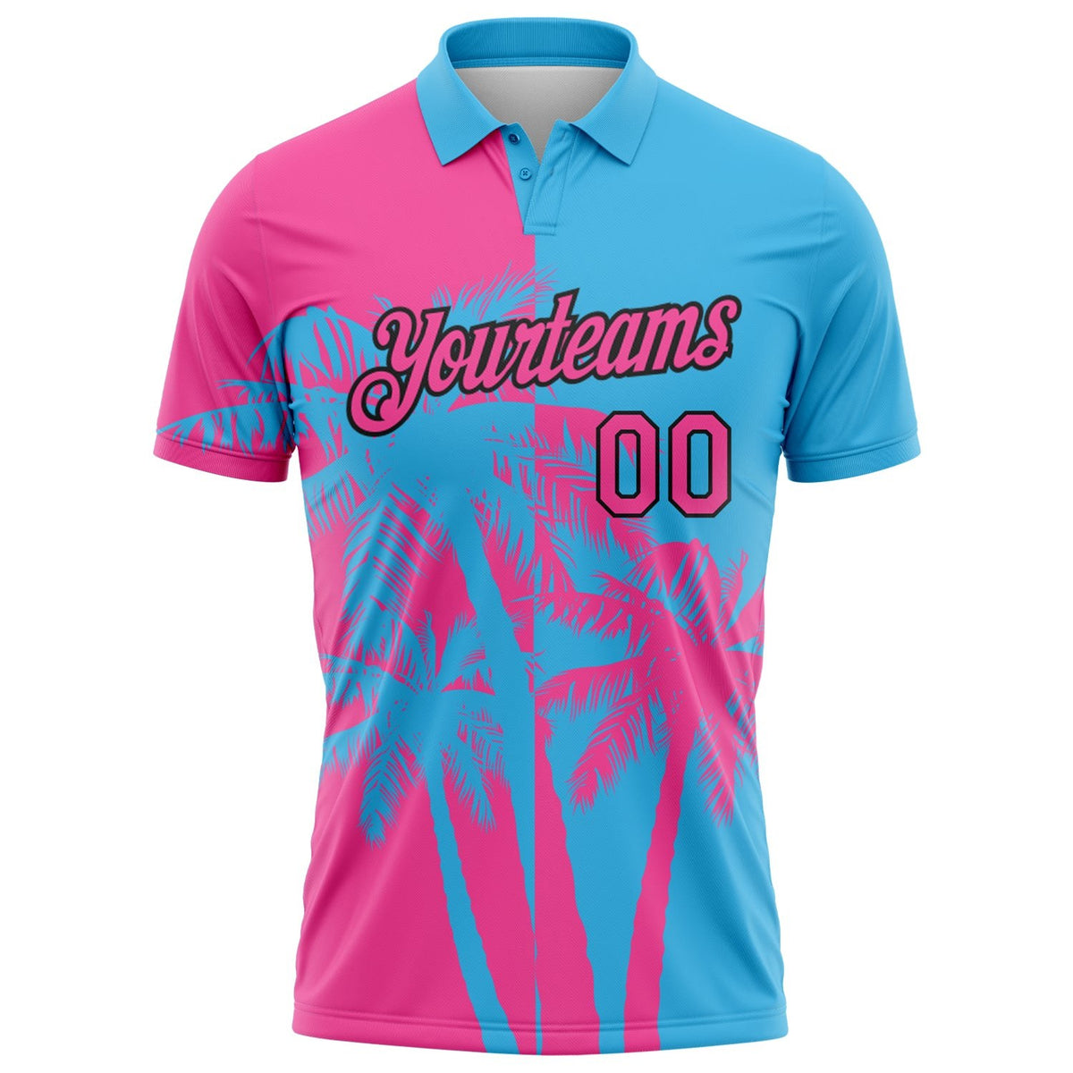 Custom Sky Blue Pink-Black Hawaii Tropical Coastal Palm Trees Performance Polo Shirt photo 2
