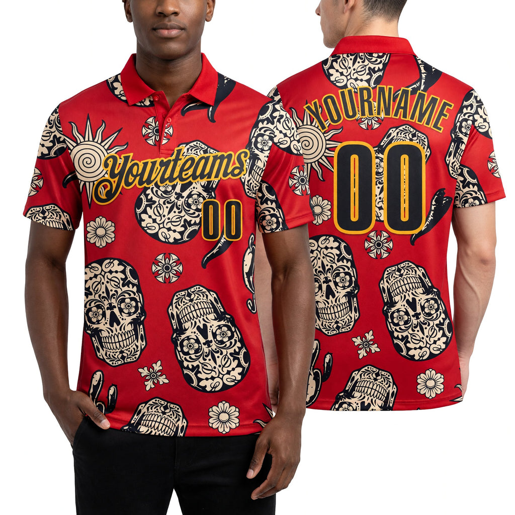 Custom Red Black-Gold Day of the Dead Mexican Sugar Skull Performance Polo Shirt worn front and back