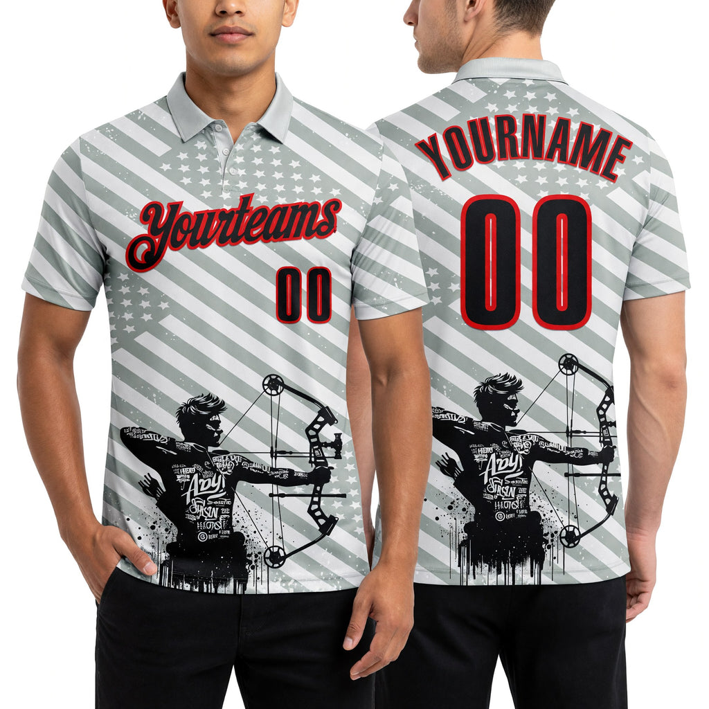 Custom White Black-Fire Red Bow And Arrow Archery Shooter Performance Polo Shirt worn front and back