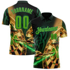 Custom Black Aurora Green-Kelly Green Darts St.Patrick's Day Shamrock Dartboard Performance Polo Shirt