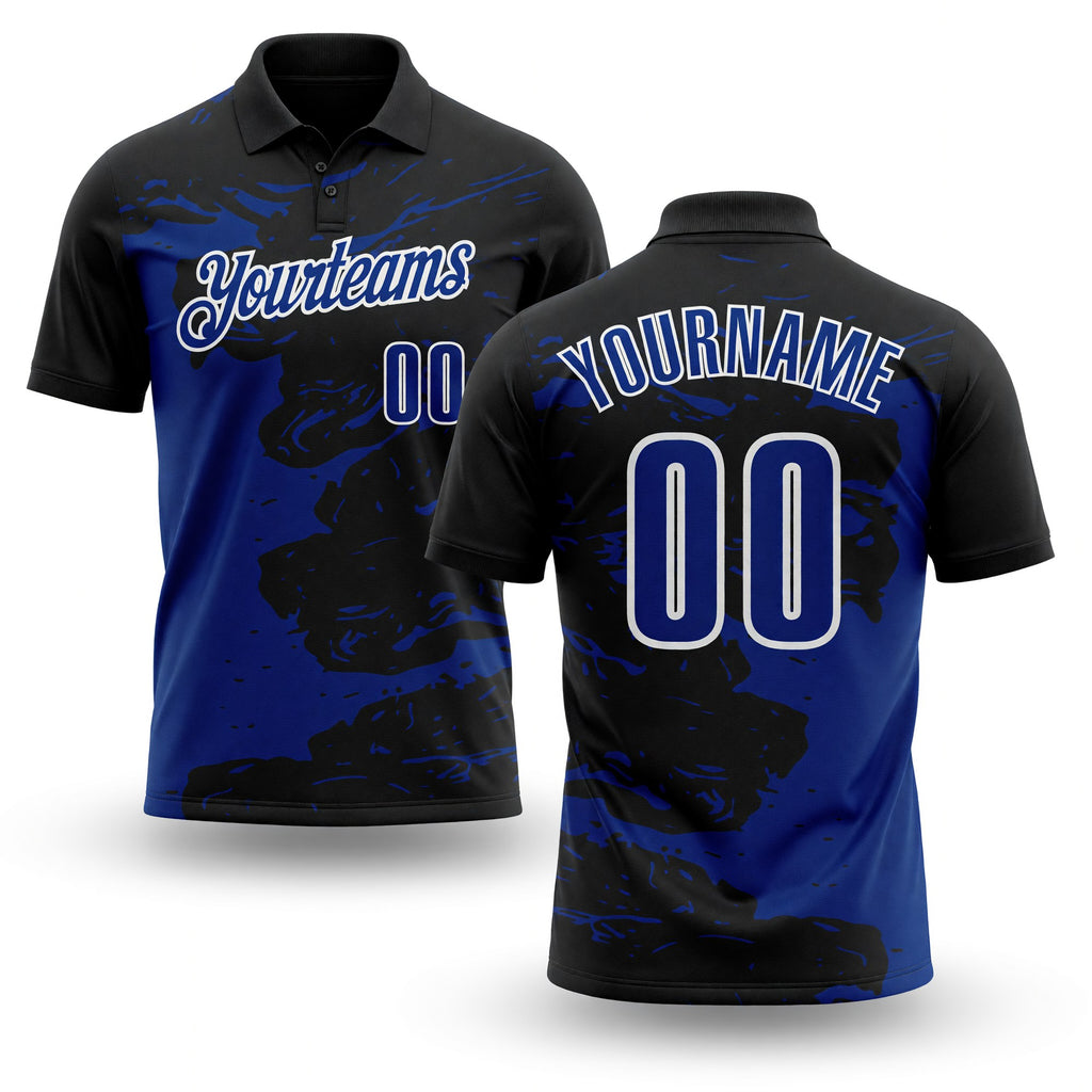 Custom Black Royal-White Fluid Paint Splash Performance Polo Shirt