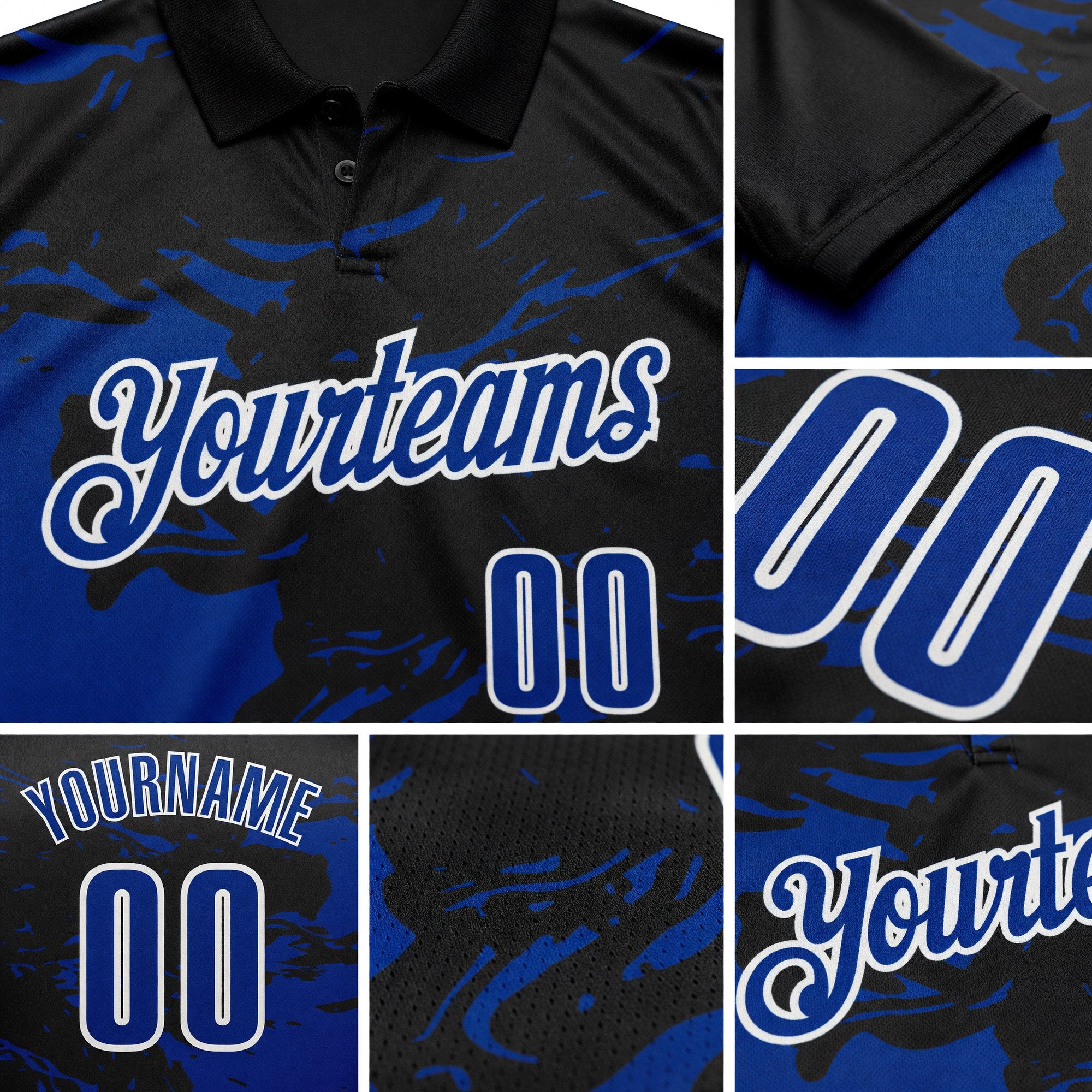 Custom Black Royal-White Fluid Paint Splash Performance Polo Shirt detail