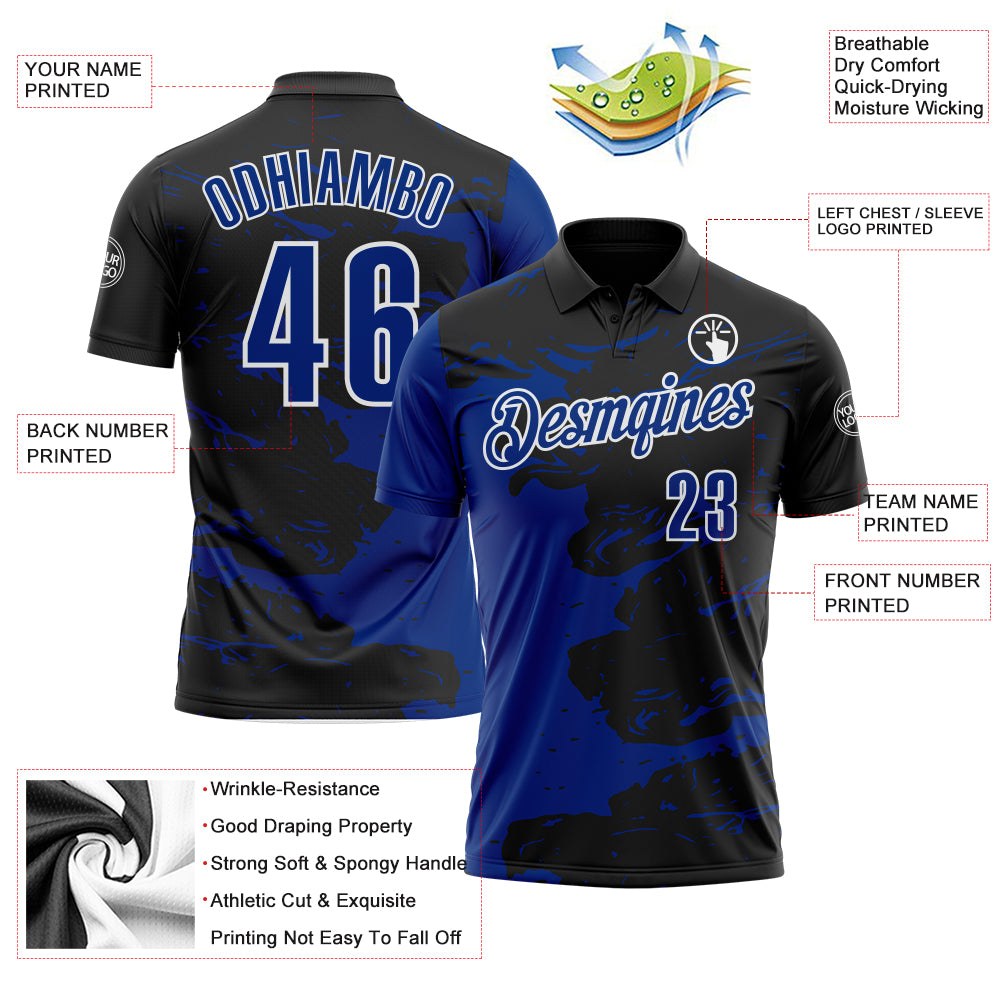 Custom Black Royal-White Fluid Paint Splash Performance Polo Shirt photo 3