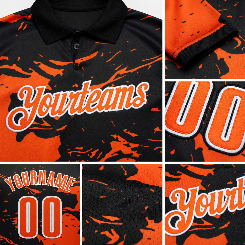 Custom Black Orange-White Fluid Paint Splash Performance Polo Shirt detail