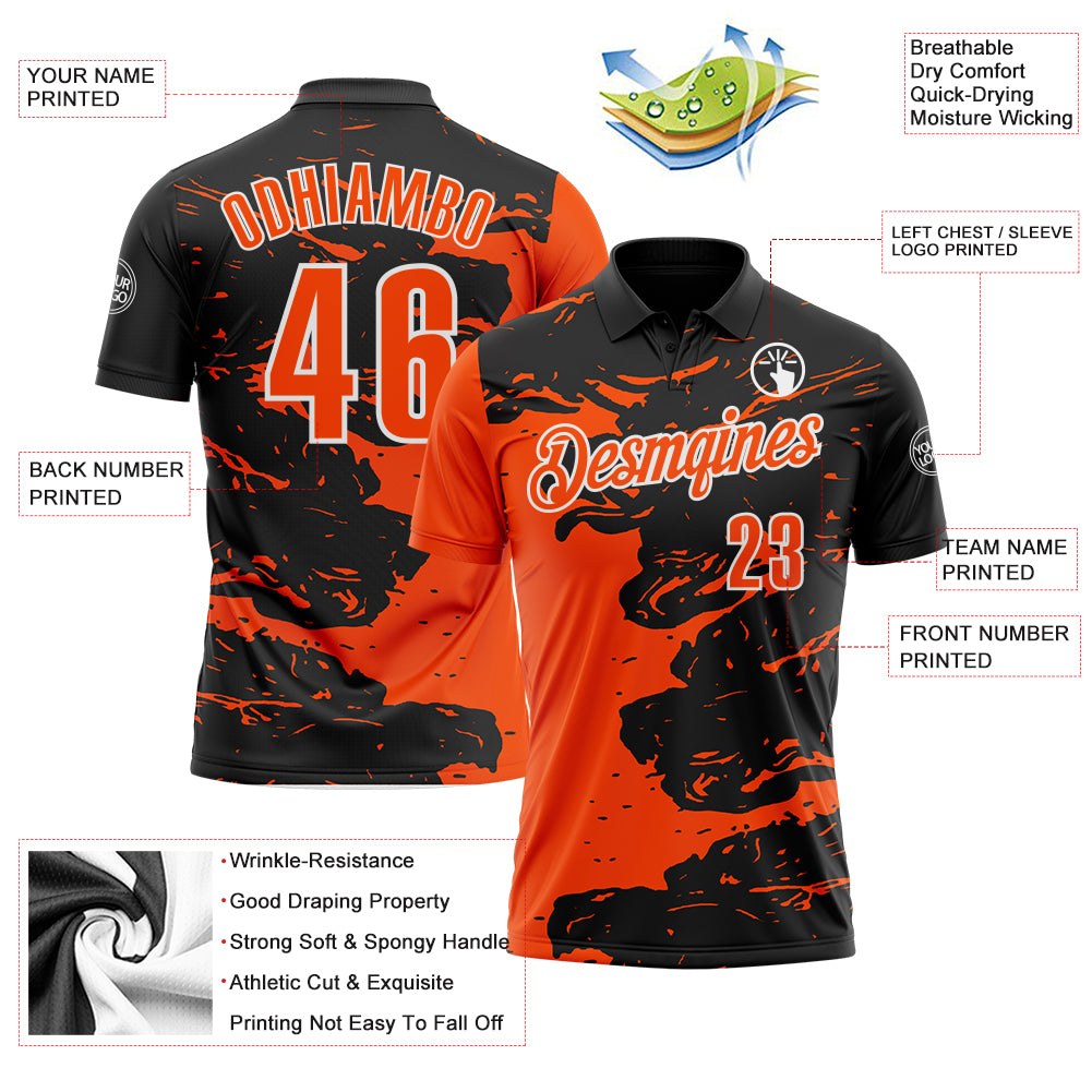 Custom Black Orange-White Fluid Paint Splash Performance Polo Shirt photo 3