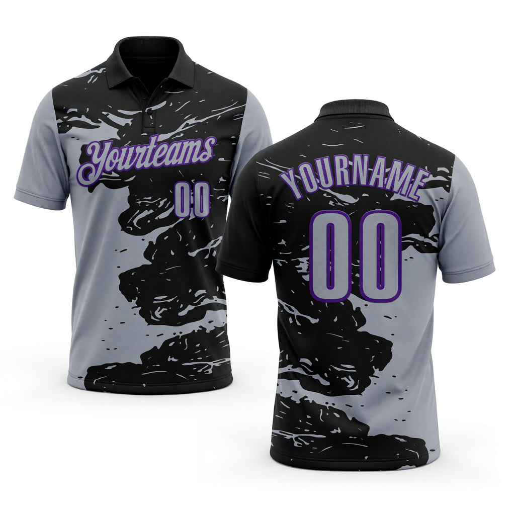 Custom Black Gray-Purple Fluid Paint Splash Performance Polo Shirt