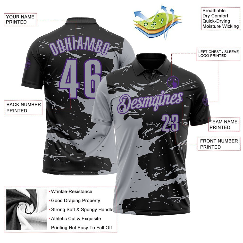 Custom Black Gray-Purple Fluid Paint Splash Performance Polo Shirt photo 3