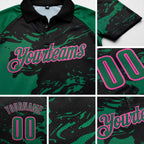 Custom Black Kelly Green-Pink Fluid Paint Splash Performance Polo Shirt detail