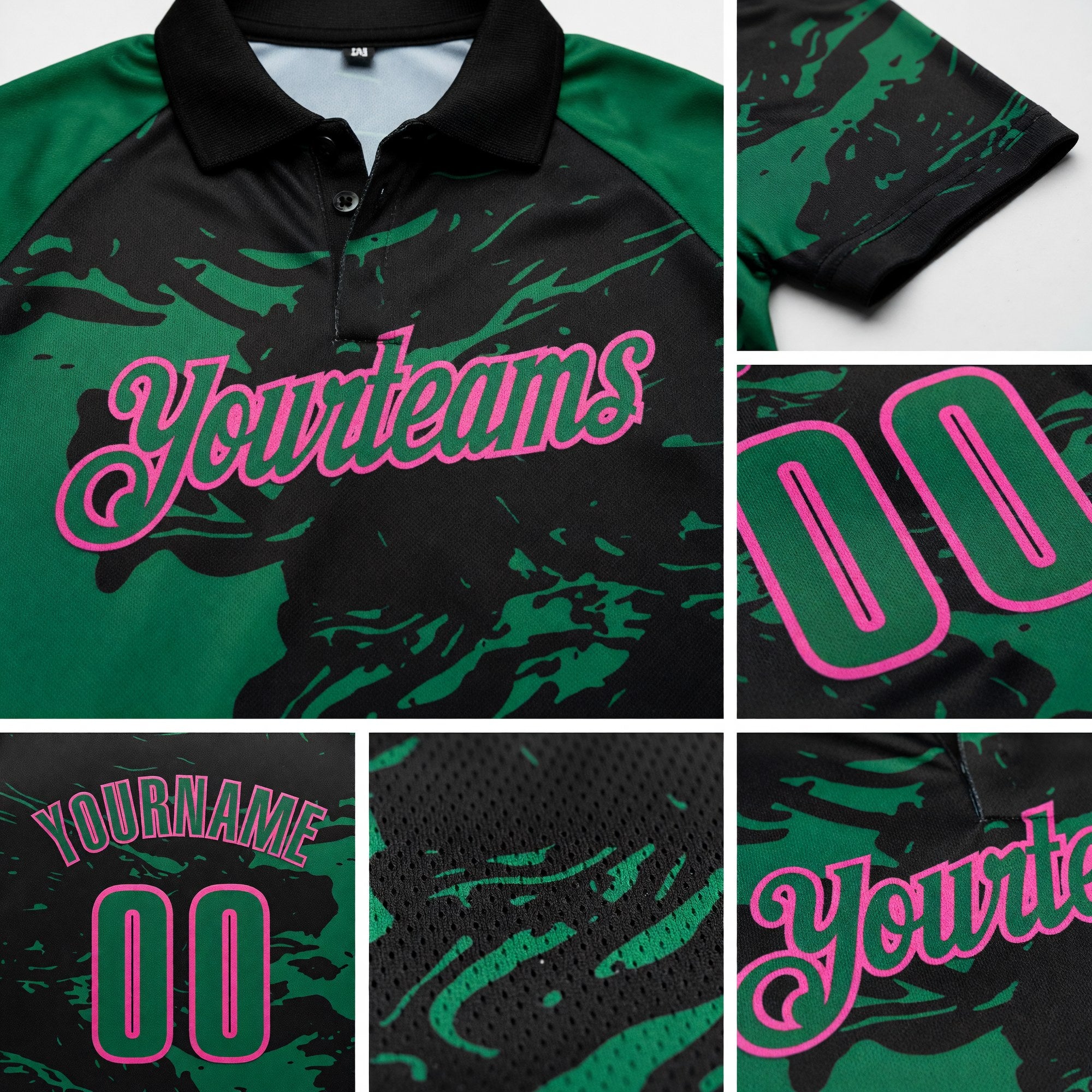 Custom Black Kelly Green-Pink Fluid Paint Splash Performance Polo Shirt detail