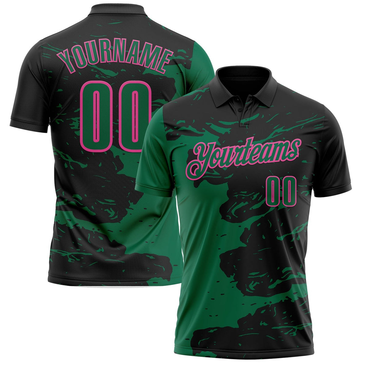 Custom Black Kelly Green-Pink Fluid Paint Splash Performance Polo Shirt photo 1