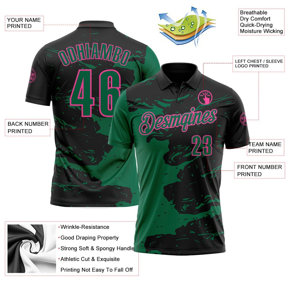 Custom Black Kelly Green-Pink Fluid Paint Splash Performance Polo Shirt photo 3
