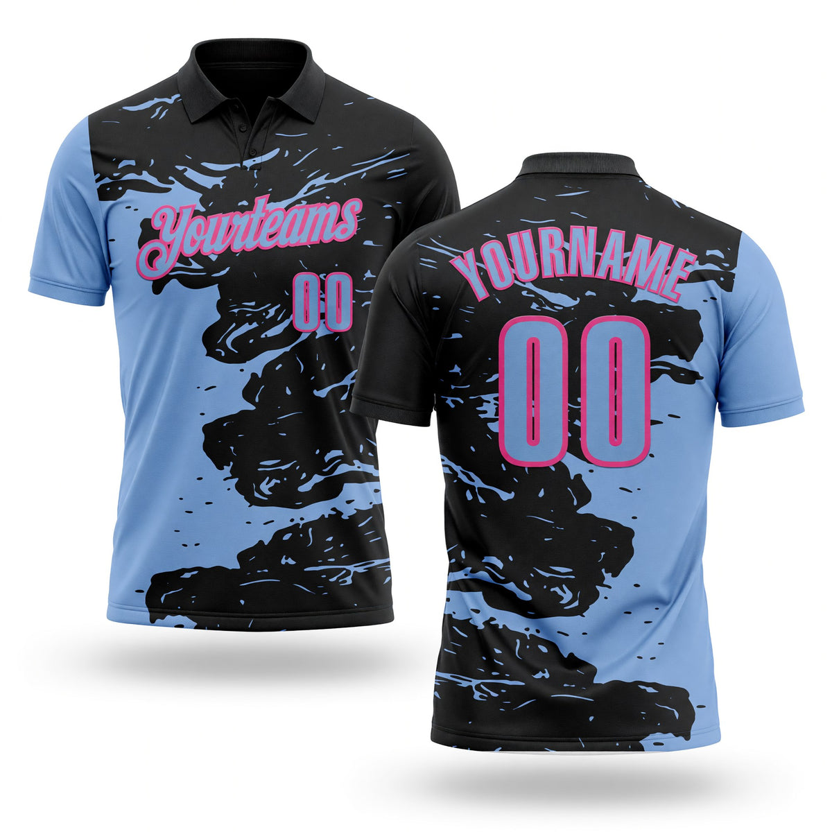 Custom Black Light Blue-Pink Fluid Paint Splash Performance Polo Shirt