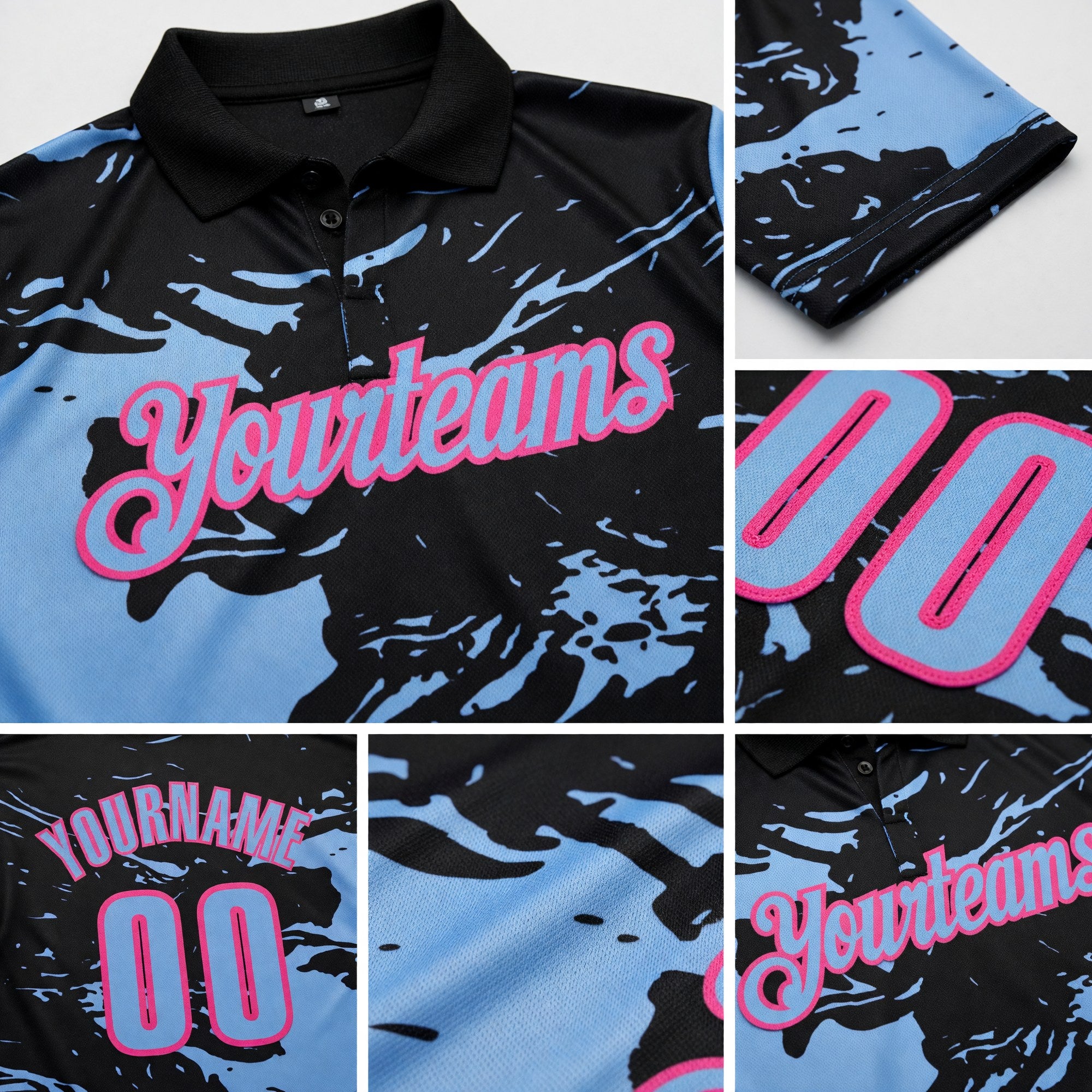 Custom Black Light Blue-Pink Fluid Paint Splash Performance Polo Shirt detail