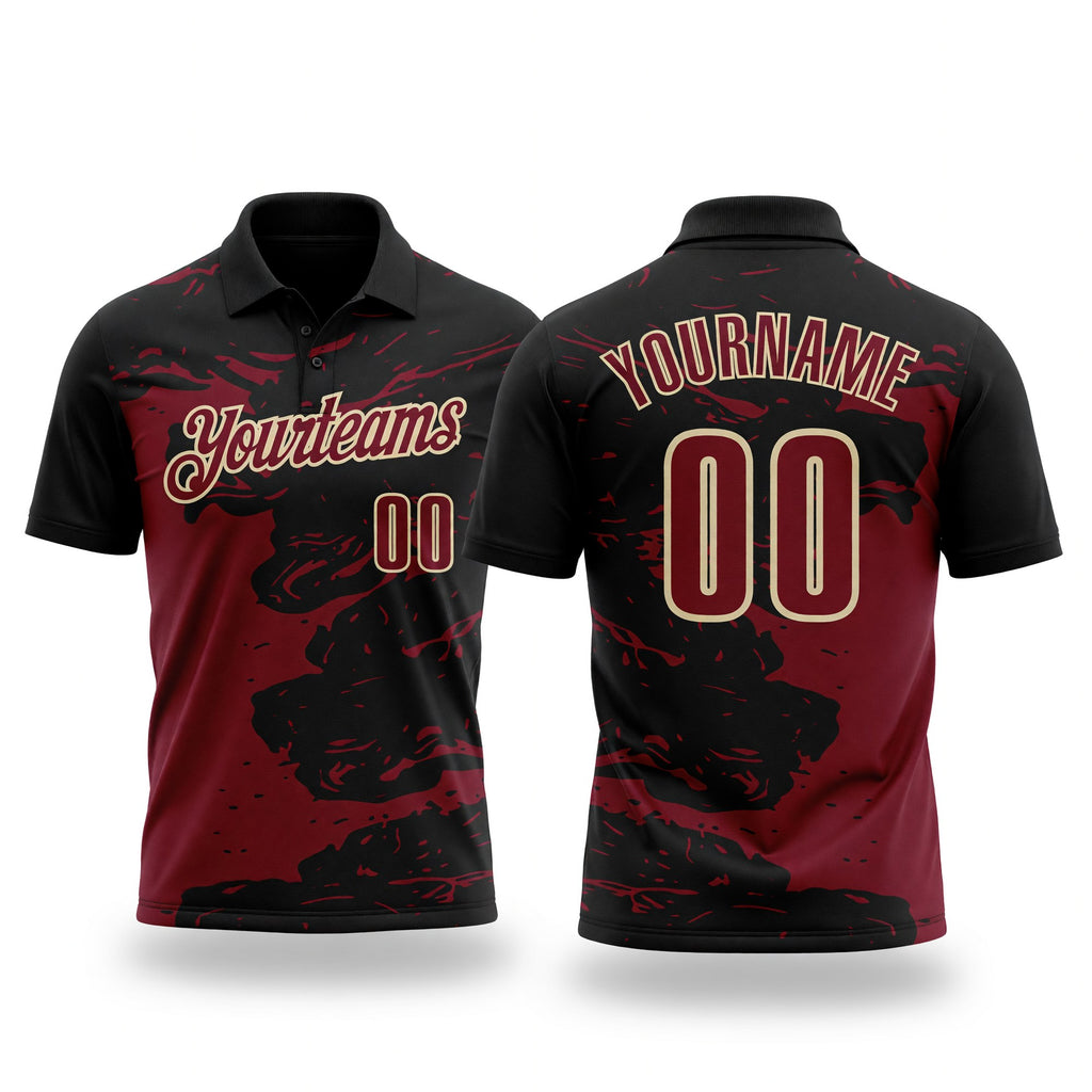 Custom Black Crimson-Cream Fluid Paint Splash Performance Polo Shirt