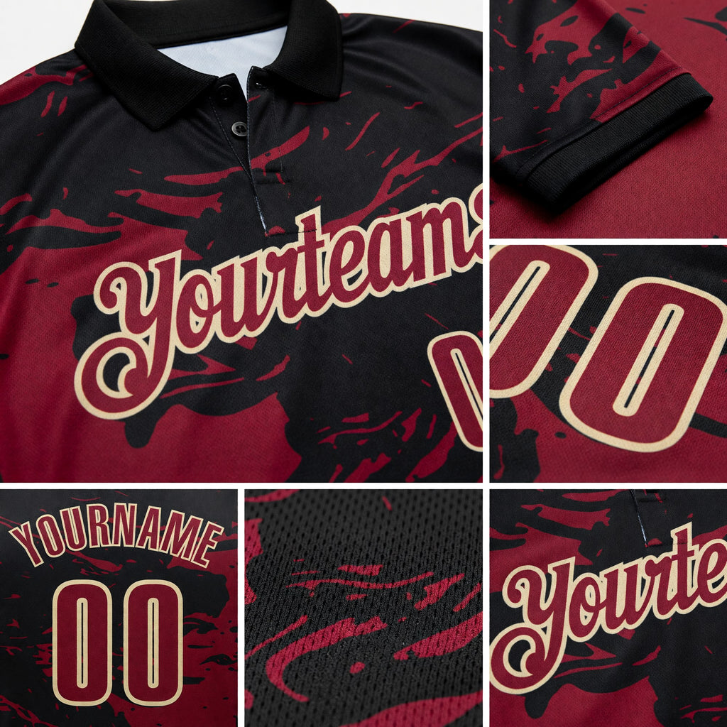 Custom Black Crimson-Cream Fluid Paint Splash Performance Polo Shirt detail