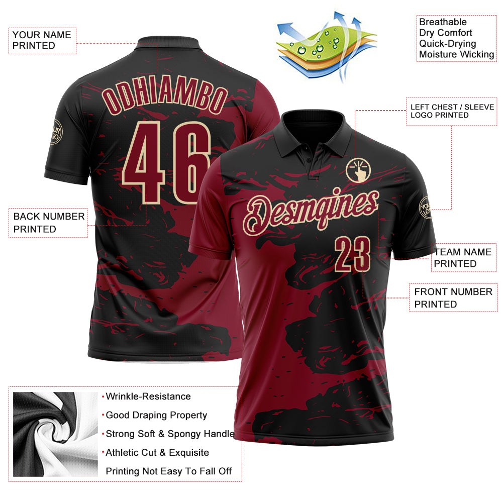 Custom Black Crimson-Cream Fluid Paint Splash Performance Polo Shirt photo 3