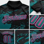Custom Black Teal-Pink Fluid Paint Splash Performance Polo Shirt detail