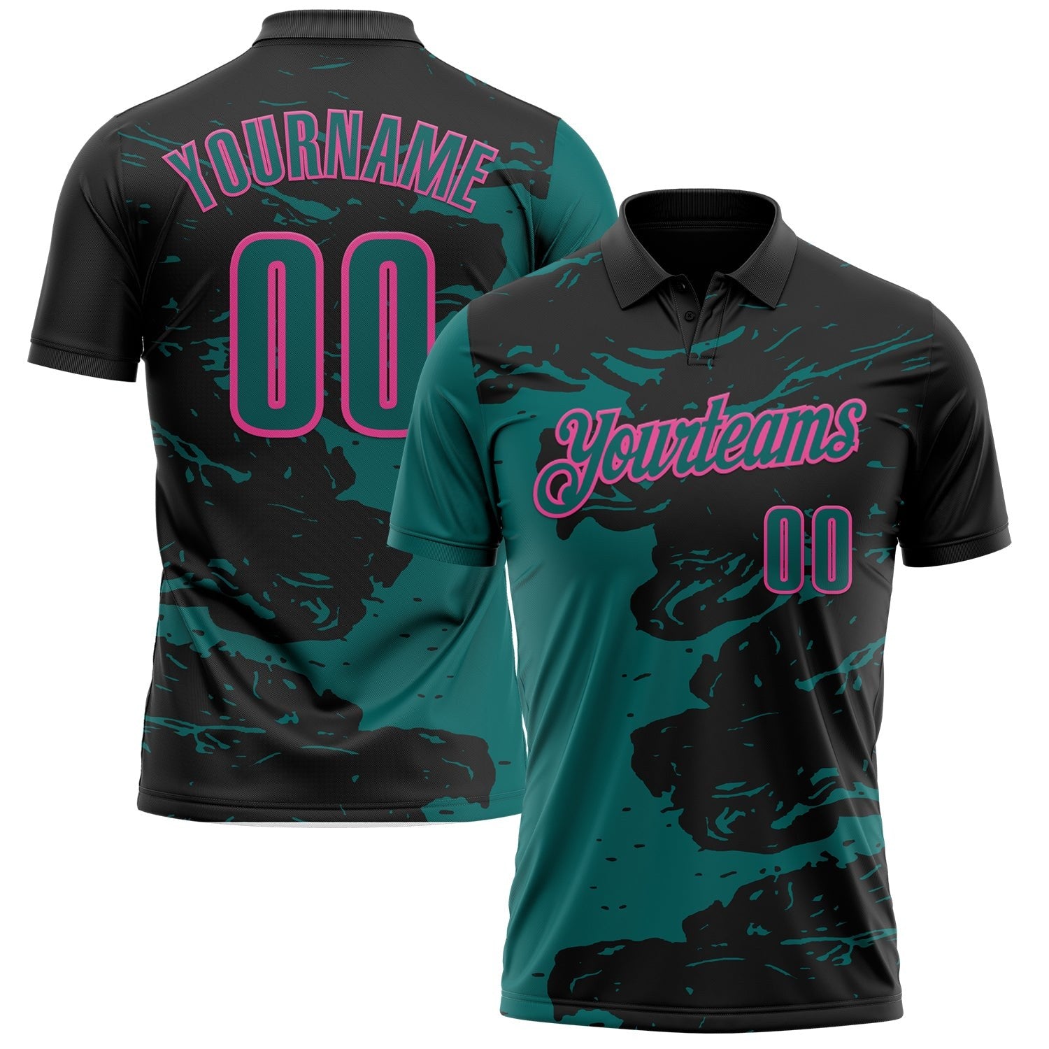 Custom Black Teal-Pink Fluid Paint Splash Performance Polo Shirt photo 1