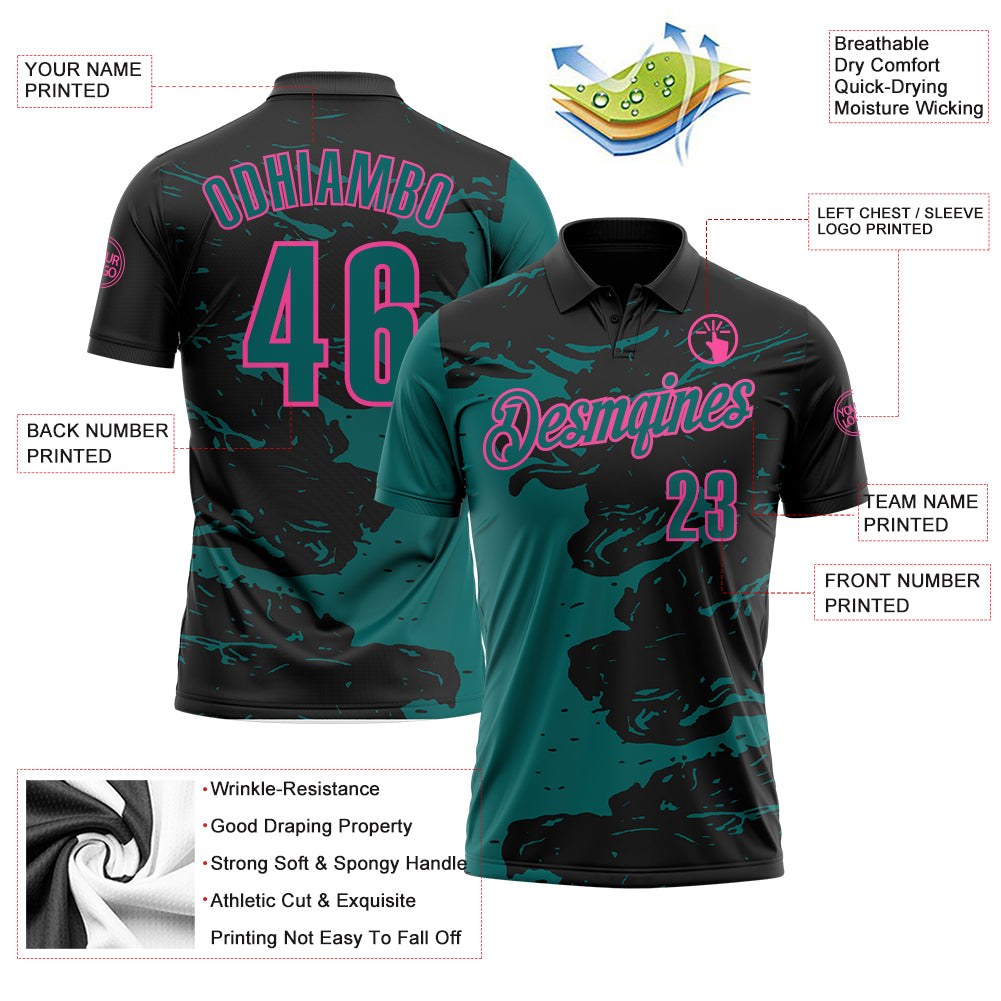 Custom Black Teal-Pink Fluid Paint Splash Performance Polo Shirt photo 3