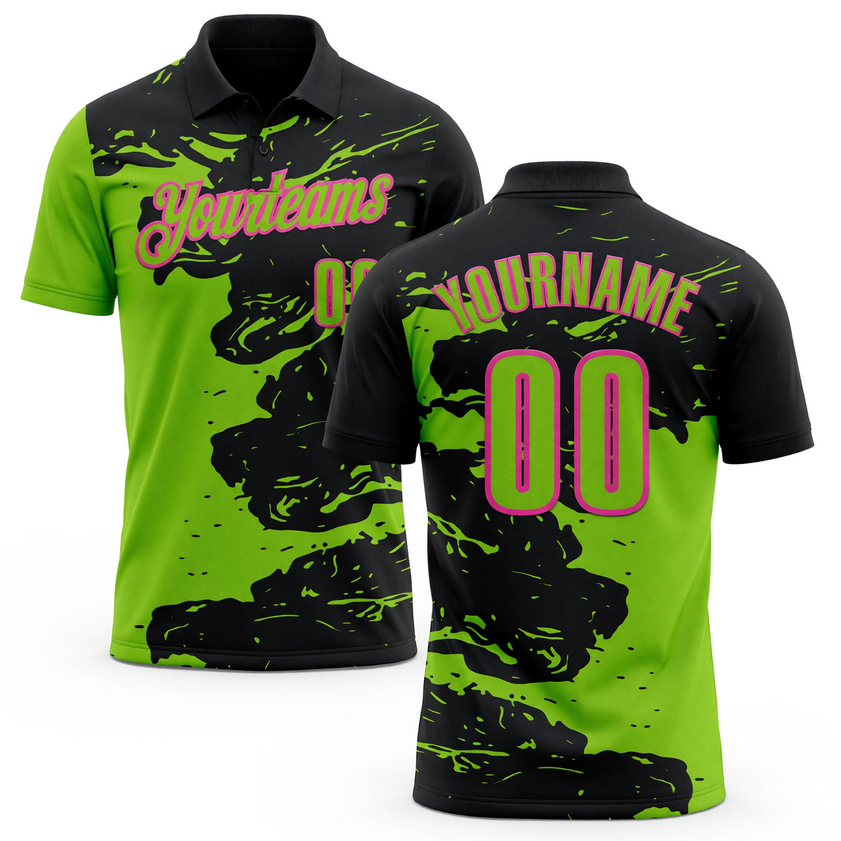Custom Black Neon Green-Pink Fluid Paint Splash Performance Polo Shirt