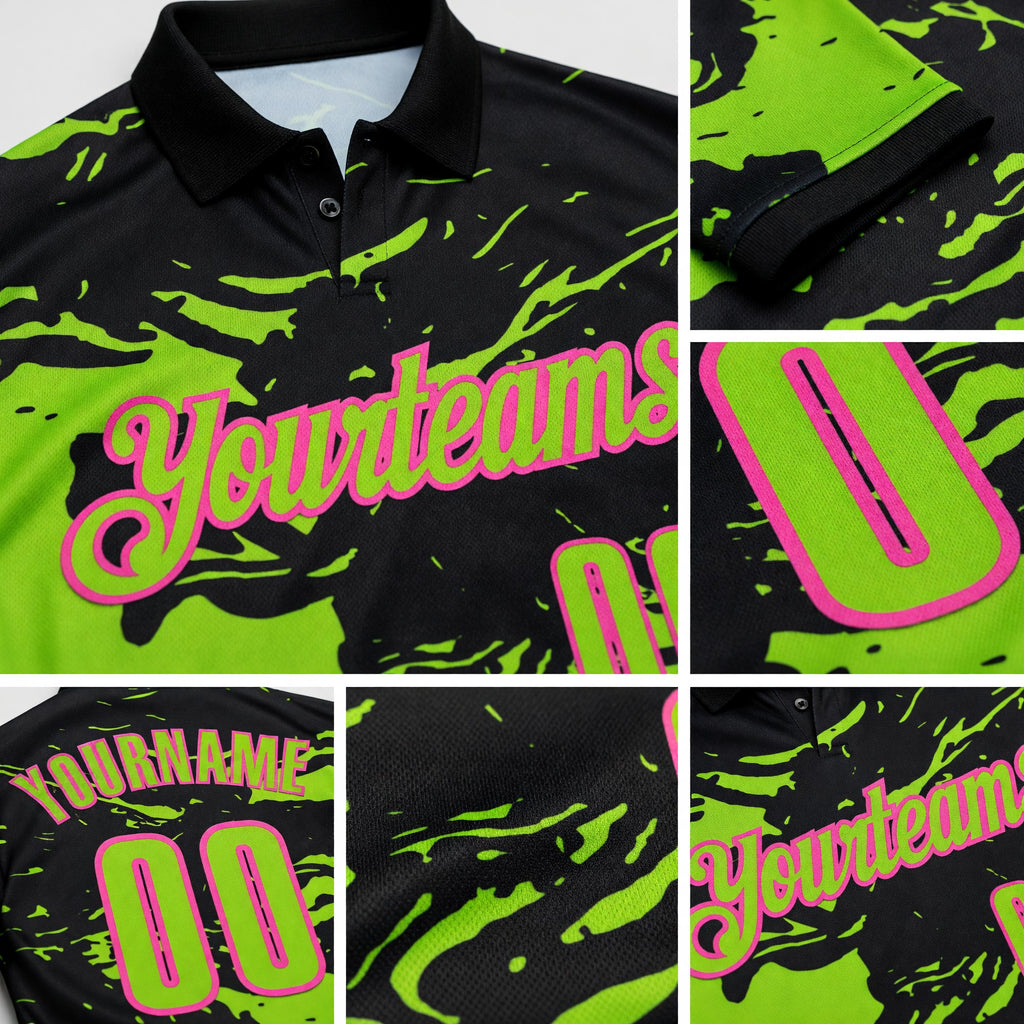 Custom Black Neon Green-Pink Fluid Paint Splash Performance Polo Shirt detail