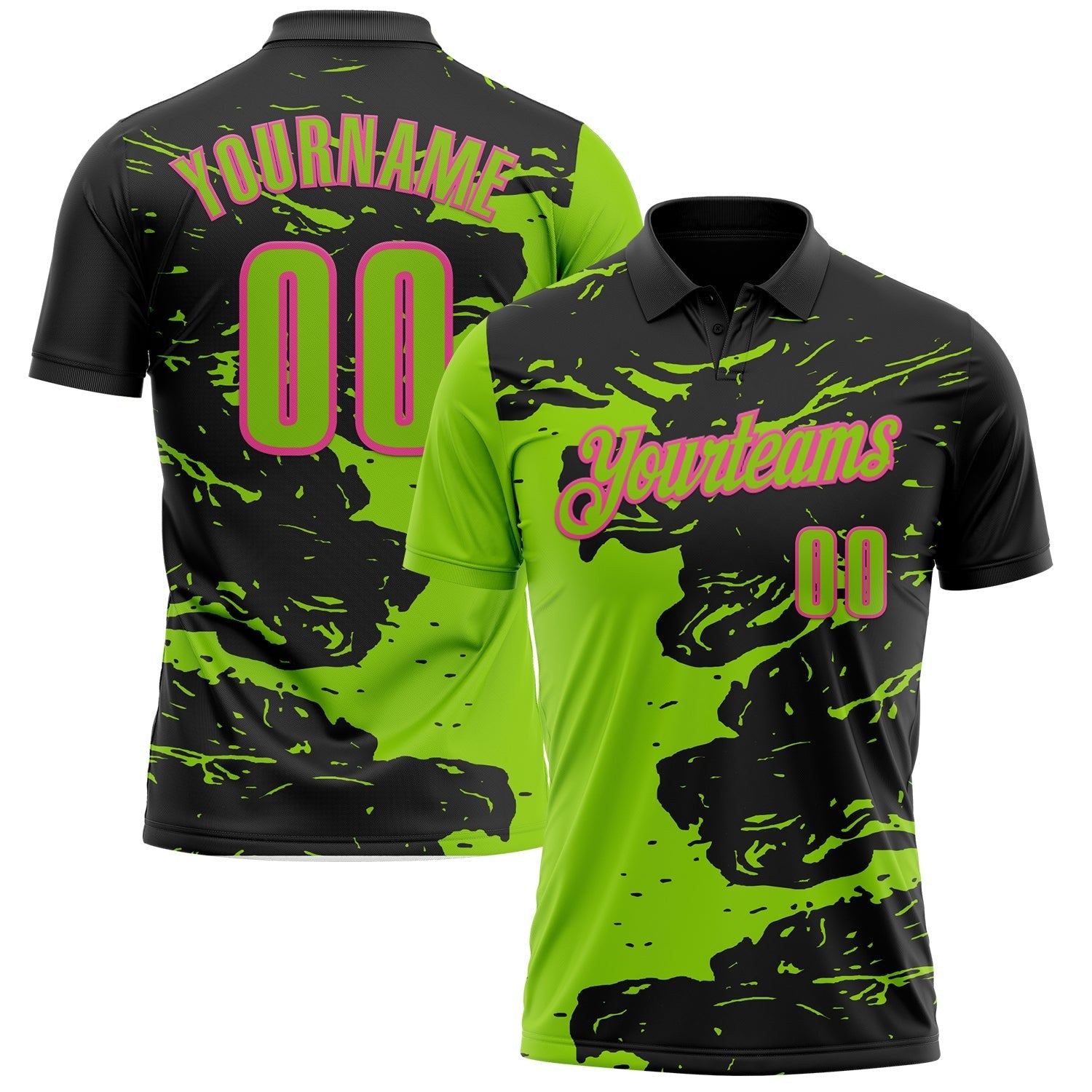 Custom Black Neon Green-Pink Fluid Paint Splash Performance Polo Shirt photo 1