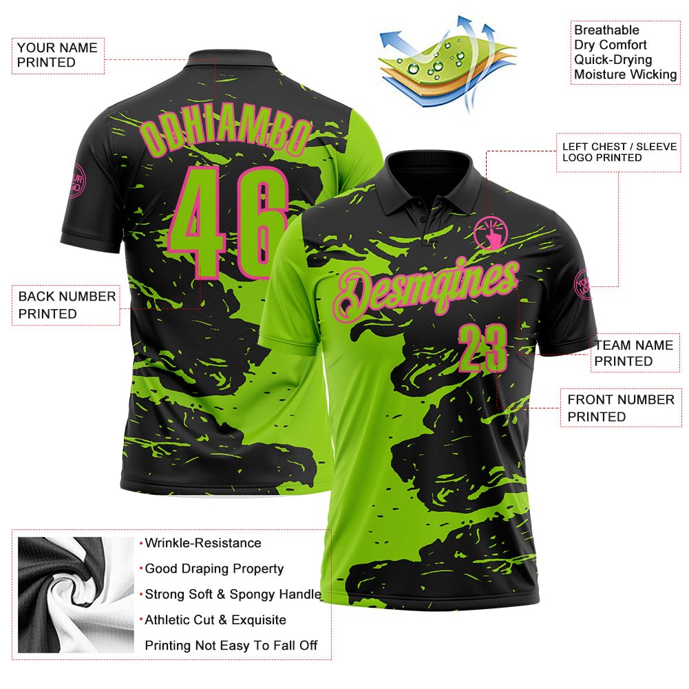 Custom Black Neon Green-Pink Fluid Paint Splash Performance Polo Shirt photo 3