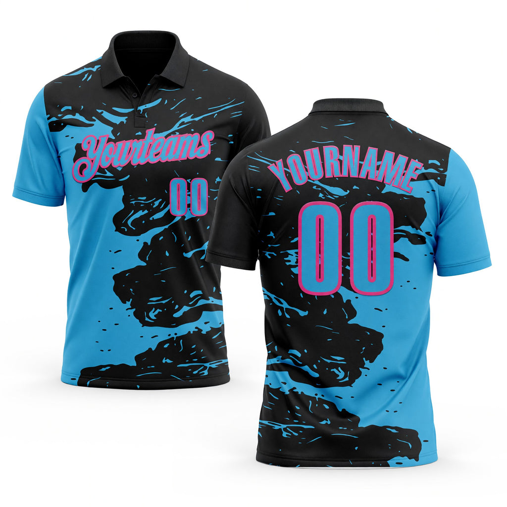 Custom Black Sky Blue-Pink Fluid Paint Splash Performance Polo Shirt