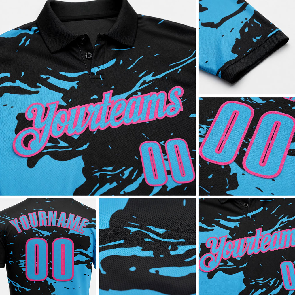 Custom Black Sky Blue-Pink Fluid Paint Splash Performance Polo Shirt detail