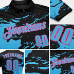 Custom Black Sky Blue-Pink Fluid Paint Splash Performance Polo Shirt detail