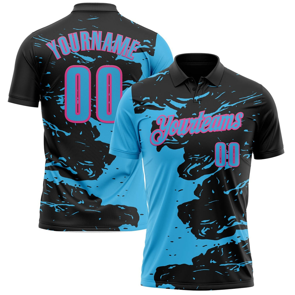 Custom Black Sky Blue-Pink Fluid Paint Splash Performance Polo Shirt photo 1