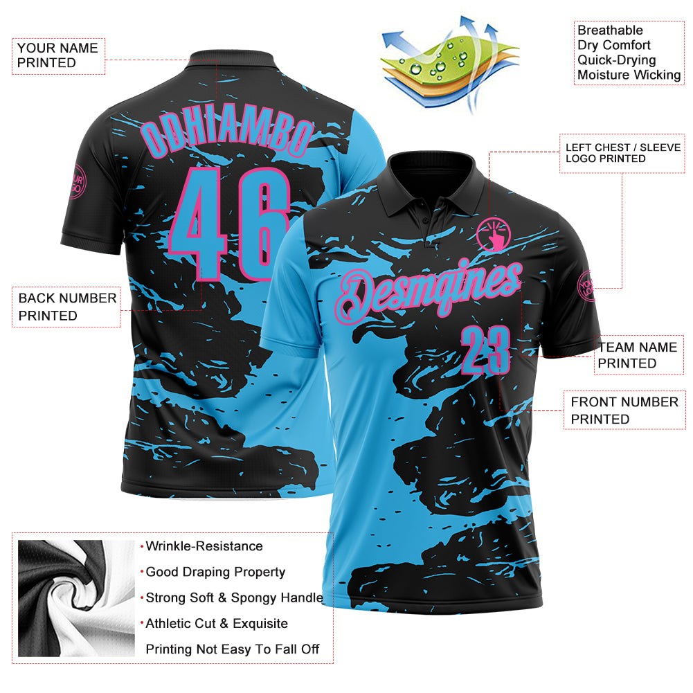 Custom Black Sky Blue-Pink Fluid Paint Splash Performance Polo Shirt photo 3