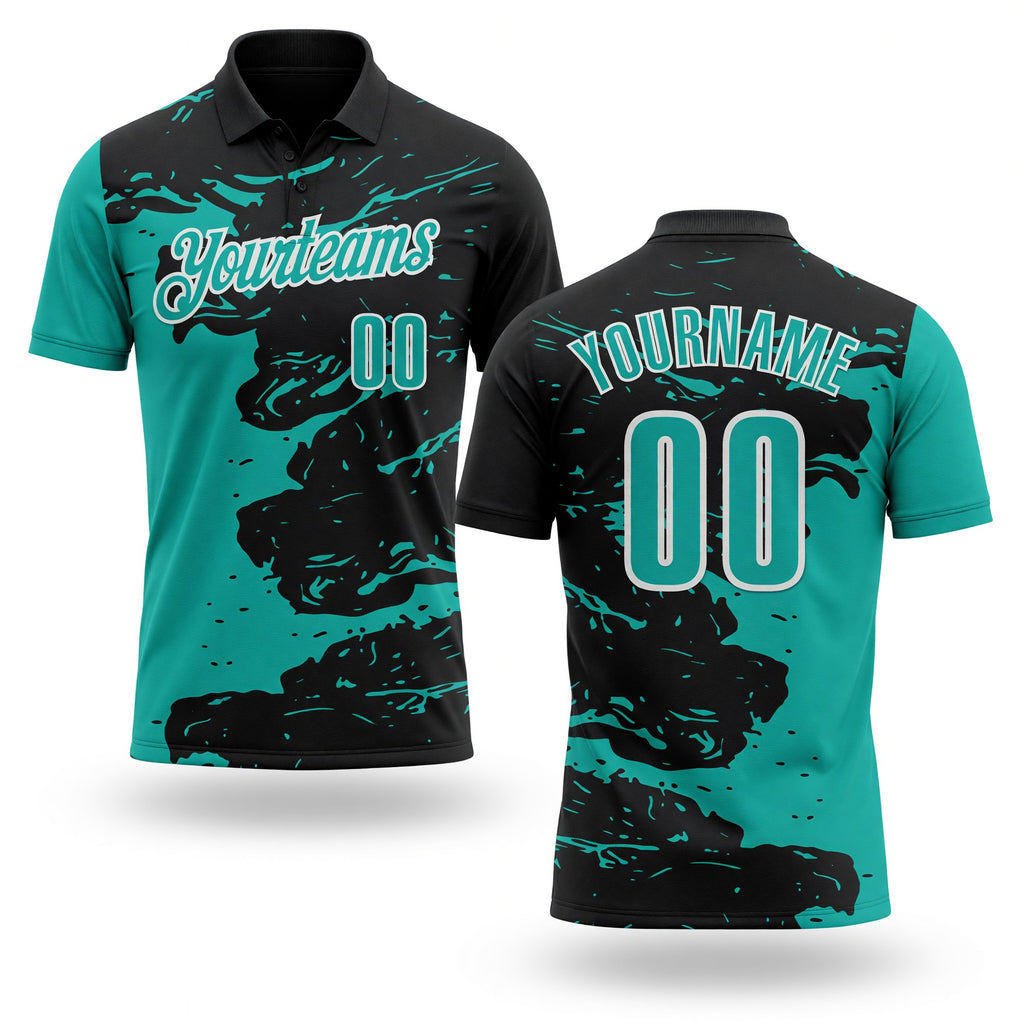 Custom Black Aqua-White Fluid Paint Splash Performance Polo Shirt