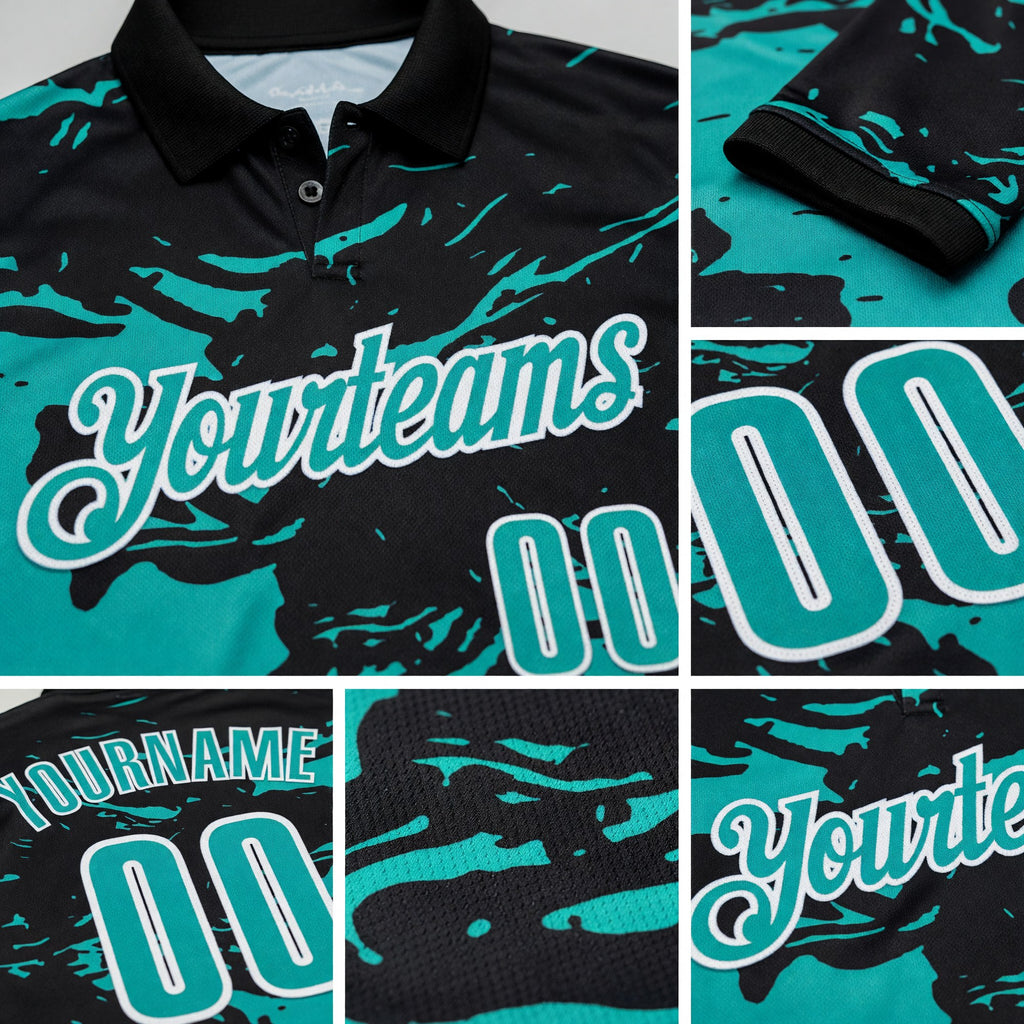 Custom Black Aqua-White Fluid Paint Splash Performance Polo Shirt detail