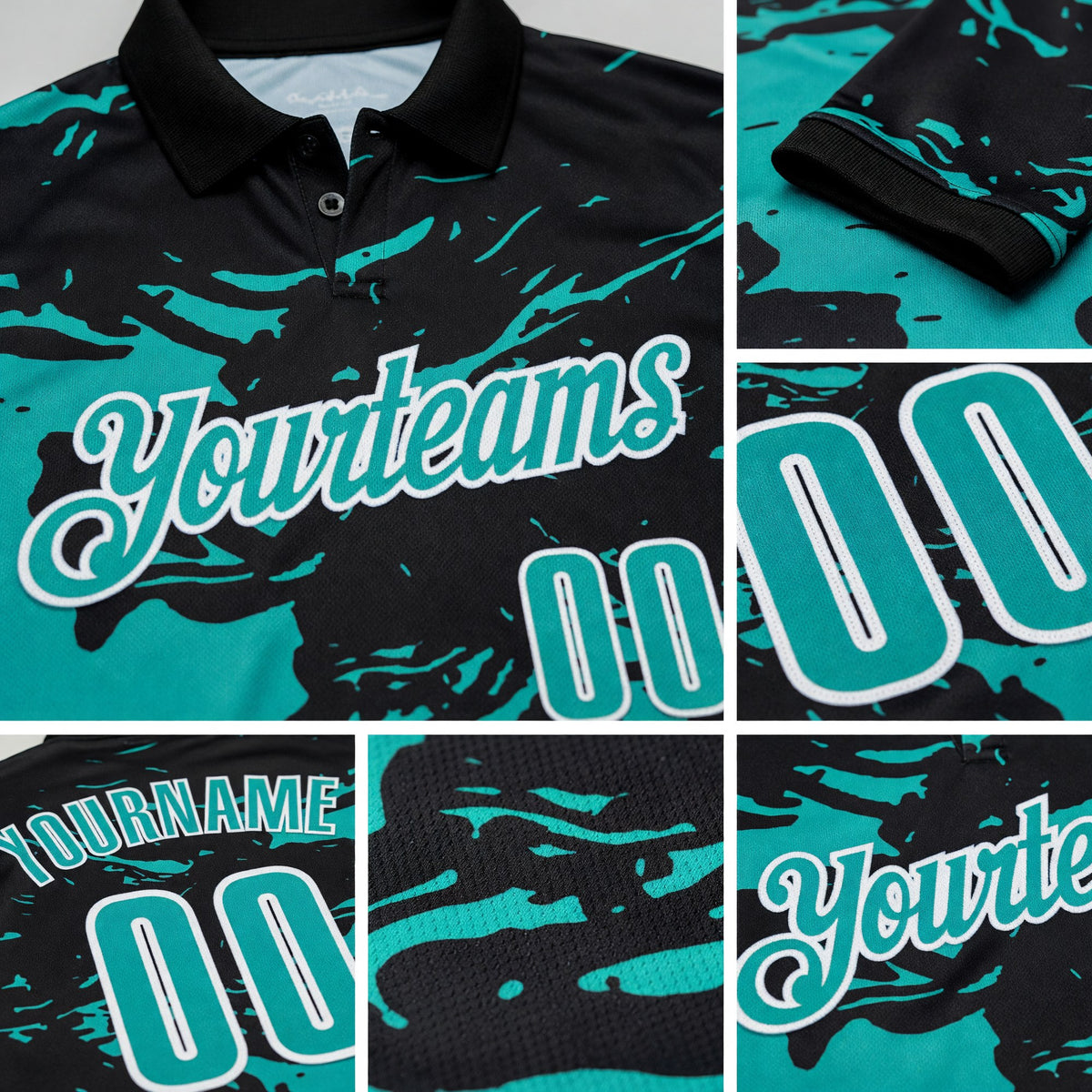 Custom Black Aqua-White Fluid Paint Splash Performance Polo Shirt detail