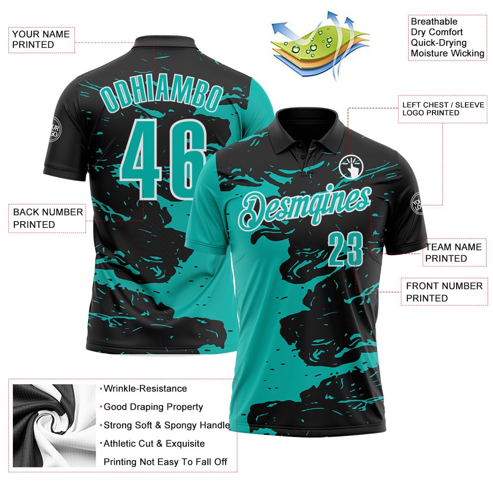 Custom Black Aqua-White Fluid Paint Splash Performance Polo Shirt photo 3