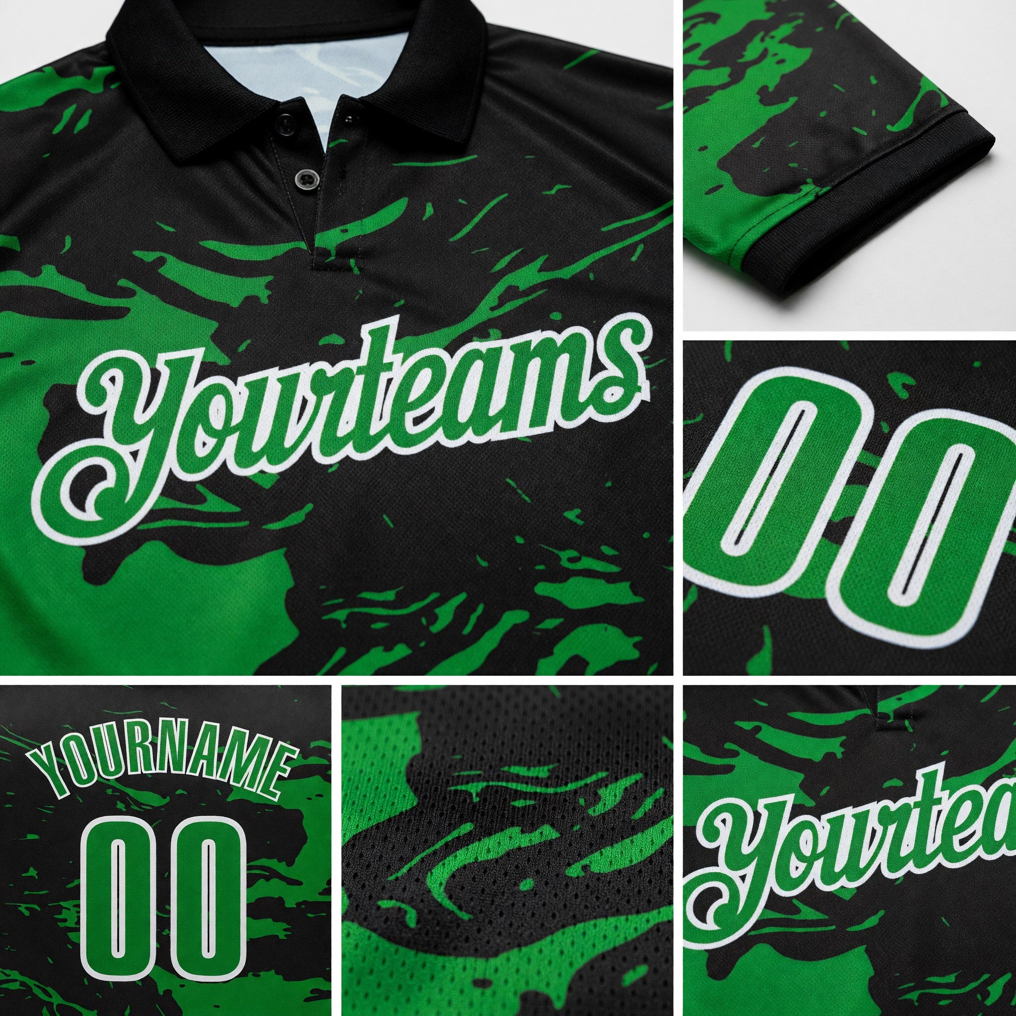 Custom Black Grass Green-White Fluid Paint Splash Performance Polo Shirt detail