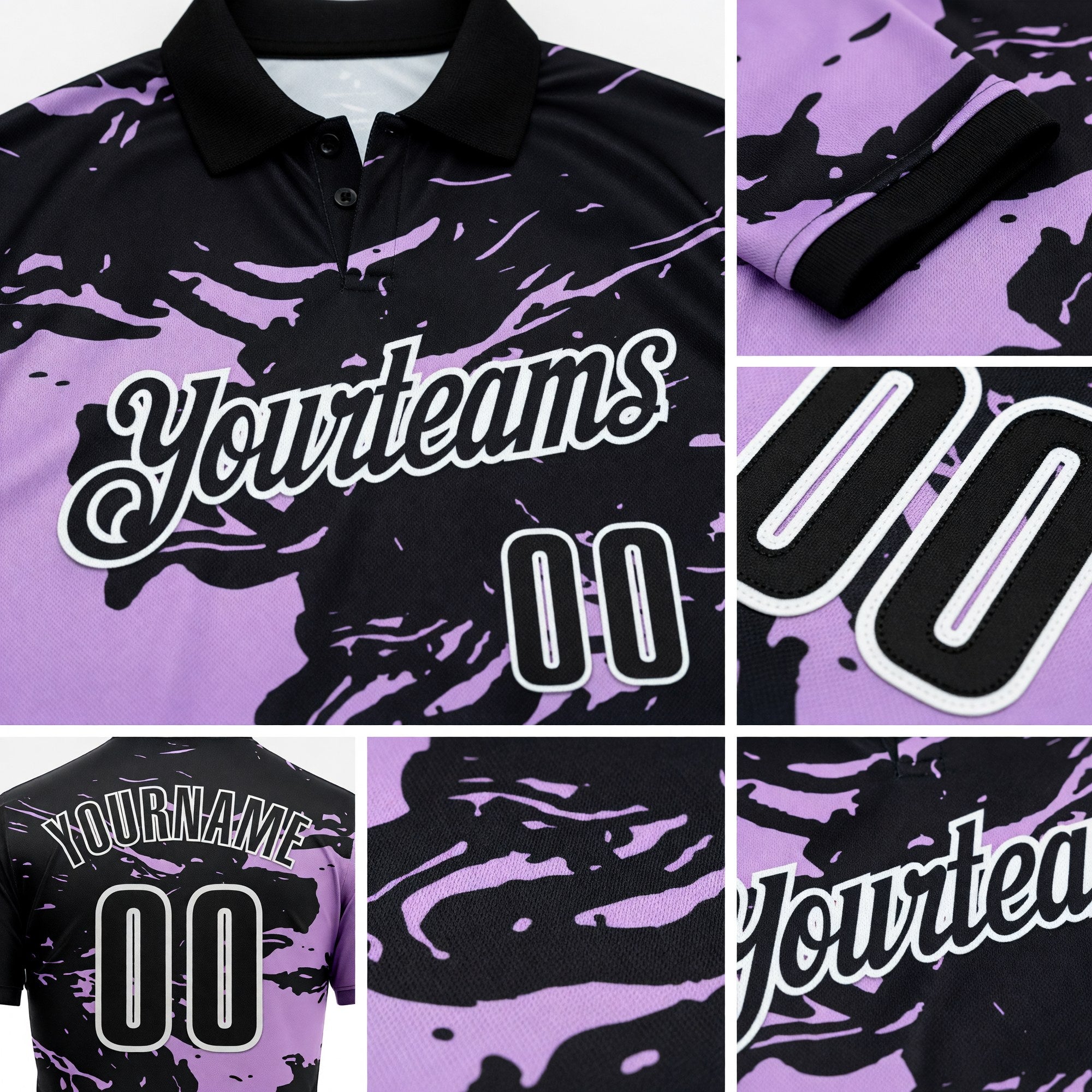 Custom Black Light Purple-White Fluid Paint Splash Performance Polo Shirt detail