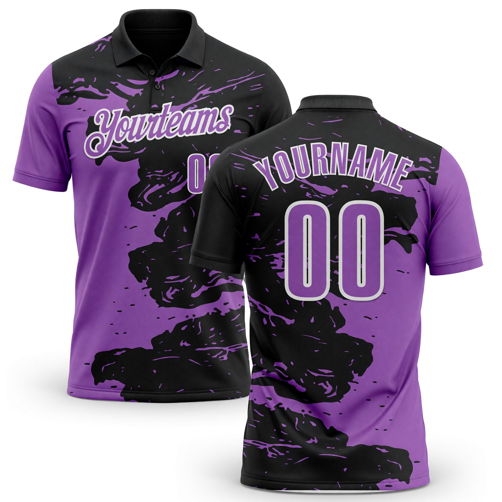 Custom Black Medium Purple-White Fluid Paint Splash Performance Polo Shirt
