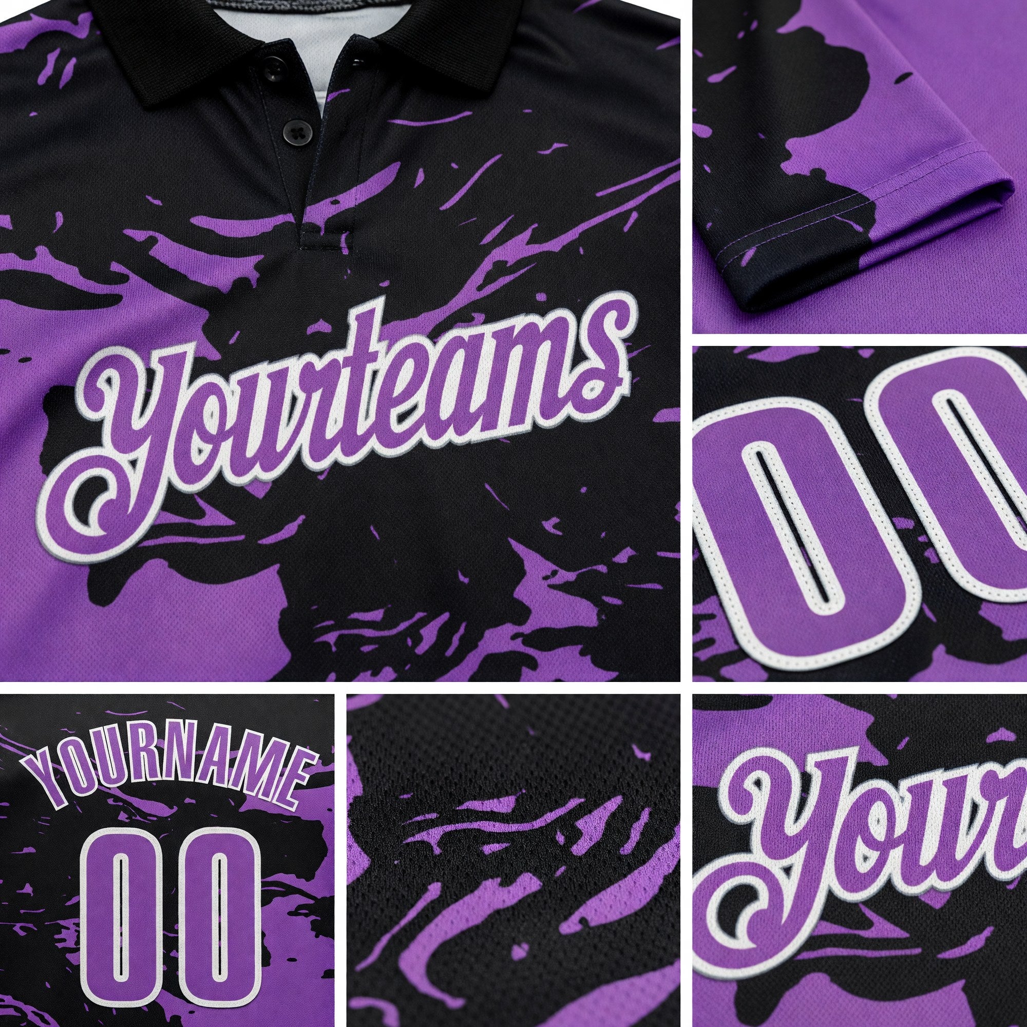 Custom Black Medium Purple-White Fluid Paint Splash Performance Polo Shirt detail