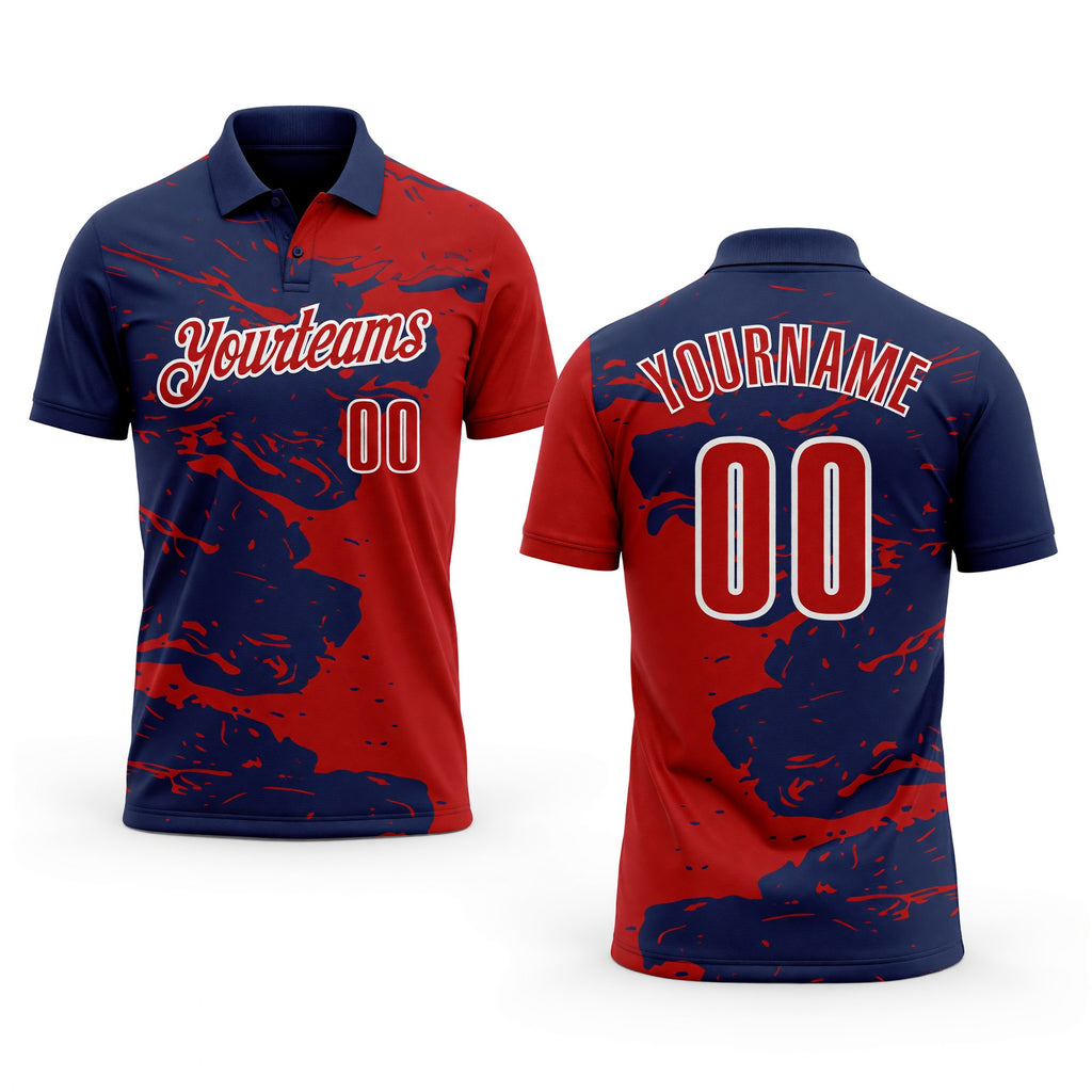 Custom Navy Red-White Fluid Paint Splash Performance Polo Shirt