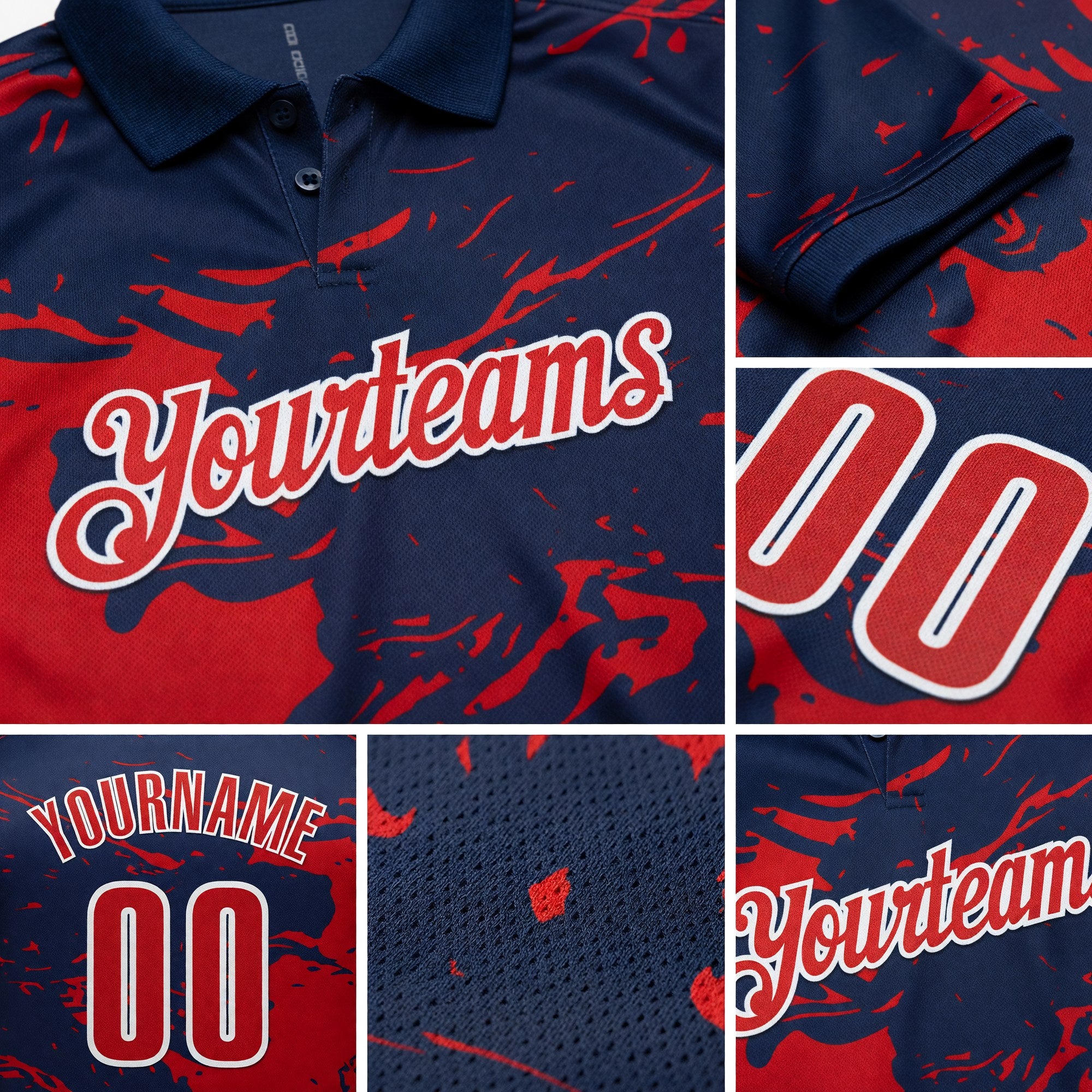 Custom Navy Red-White Fluid Paint Splash Performance Polo Shirt detail