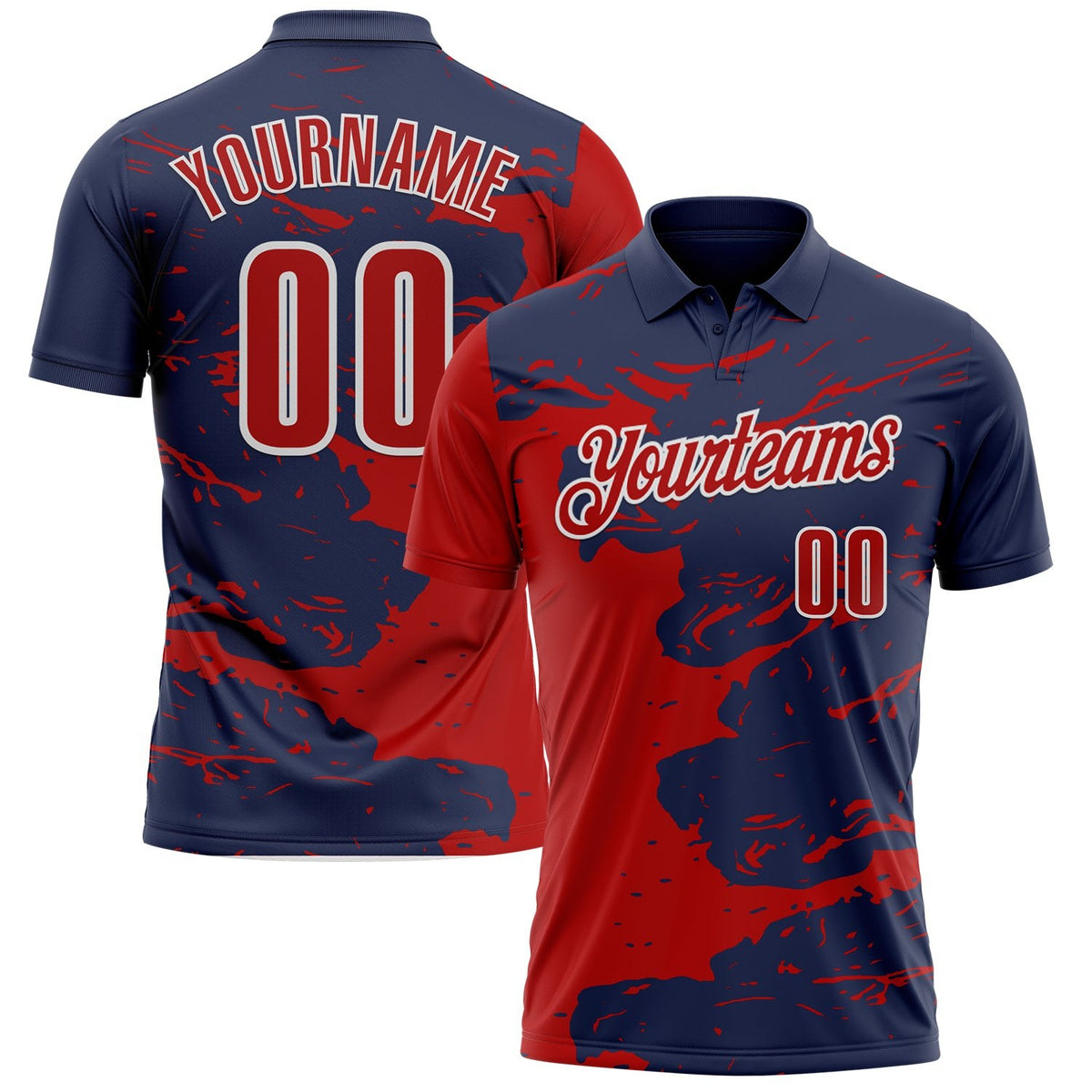 Custom Navy Red-White Fluid Paint Splash Performance Polo Shirt photo 1