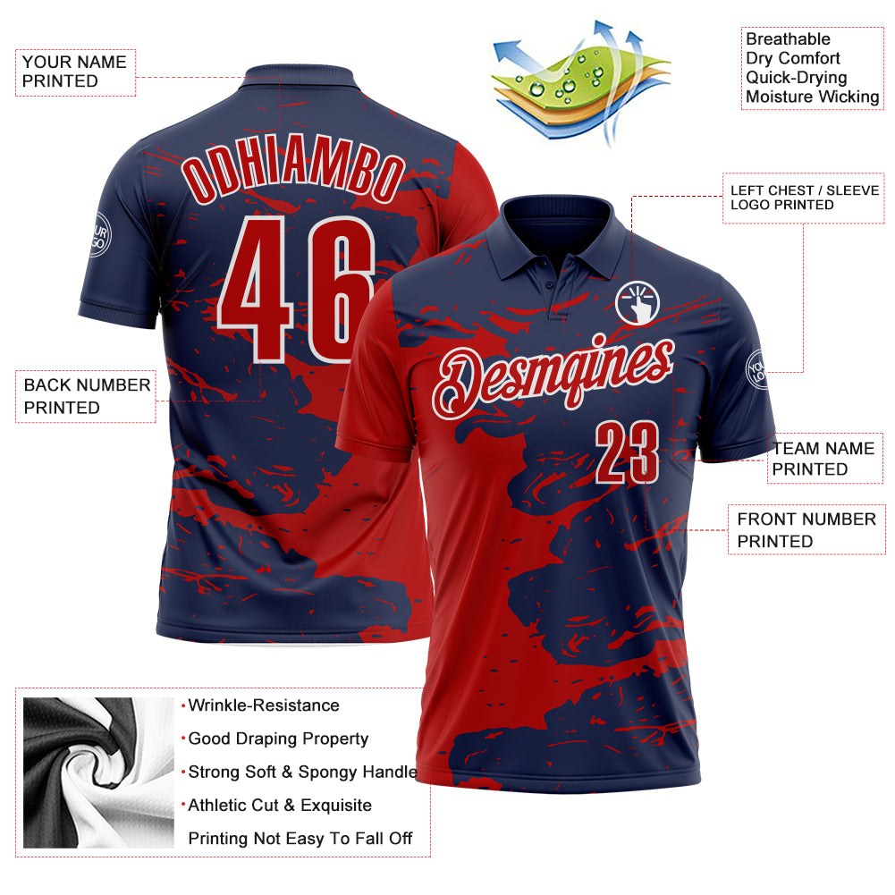 Custom Navy Red-White Fluid Paint Splash Performance Polo Shirt photo 3