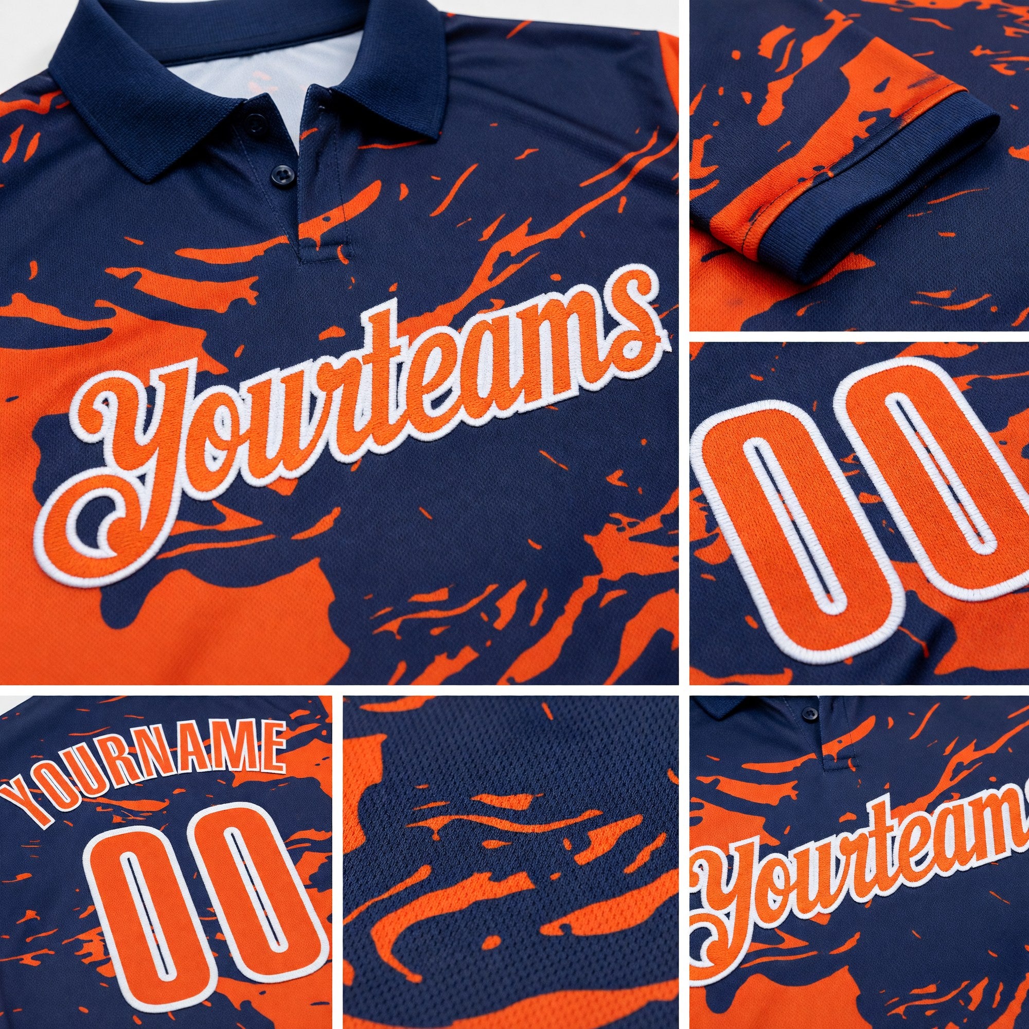 Custom Navy Orange-White Fluid Paint Splash Performance Polo Shirt detail