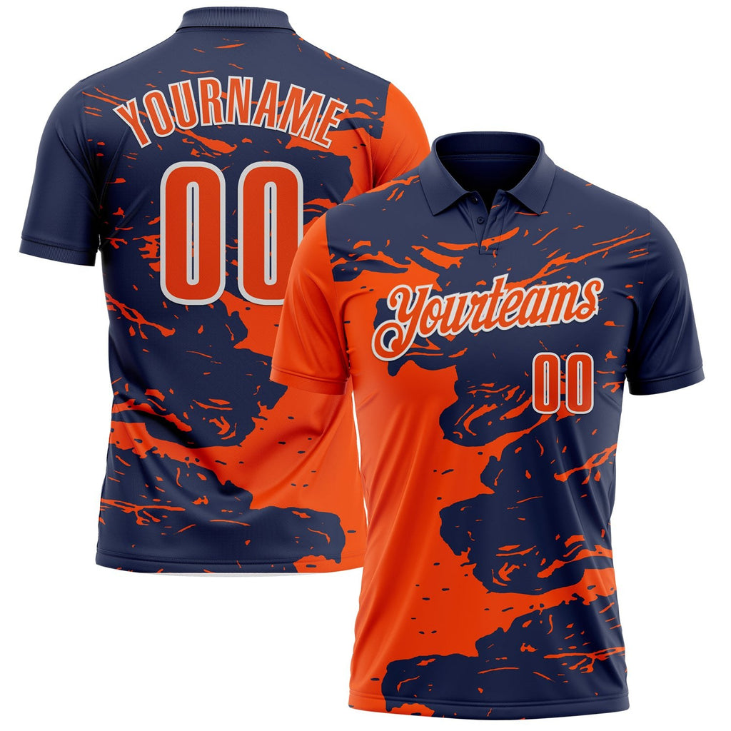 Custom Navy Orange-White Fluid Paint Splash Performance Polo Shirt photo 1